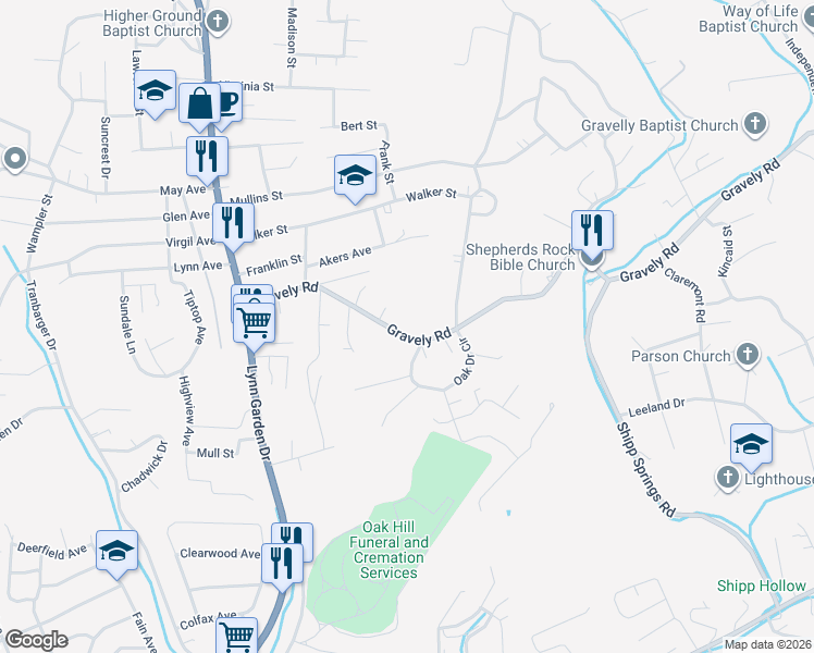 map of restaurants, bars, coffee shops, grocery stores, and more near 253 Gravely Rd in Kingsport