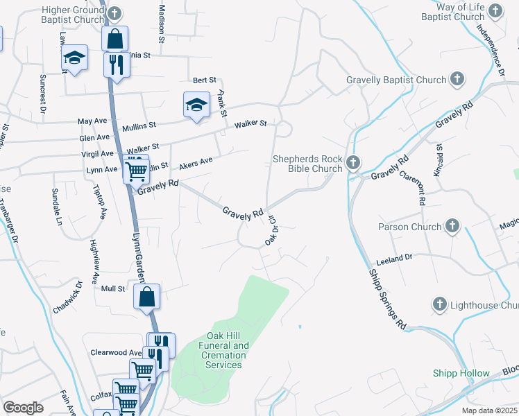 map of restaurants, bars, coffee shops, grocery stores, and more near 313 Gravely Road in Kingsport