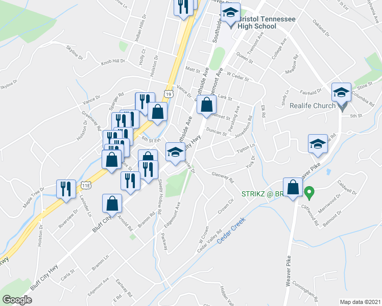 map of restaurants, bars, coffee shops, grocery stores, and more near 1854 Edgemont Avenue in Bristol