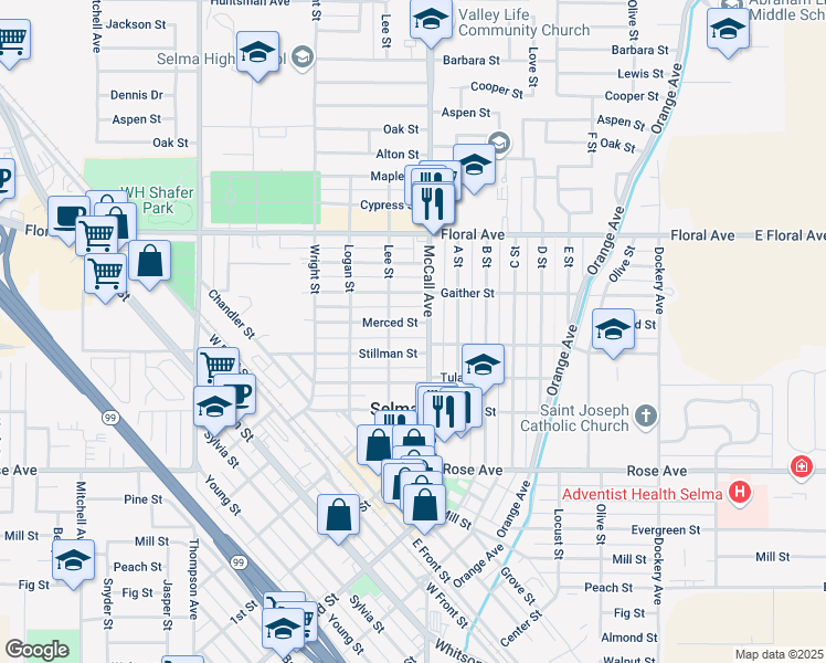 map of restaurants, bars, coffee shops, grocery stores, and more near 2021 Merced Street in Selma