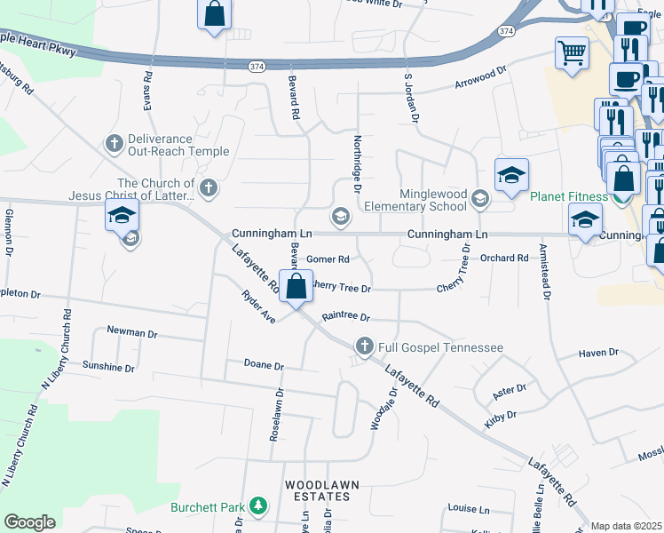 map of restaurants, bars, coffee shops, grocery stores, and more near 310 Gomer Road in Clarksville