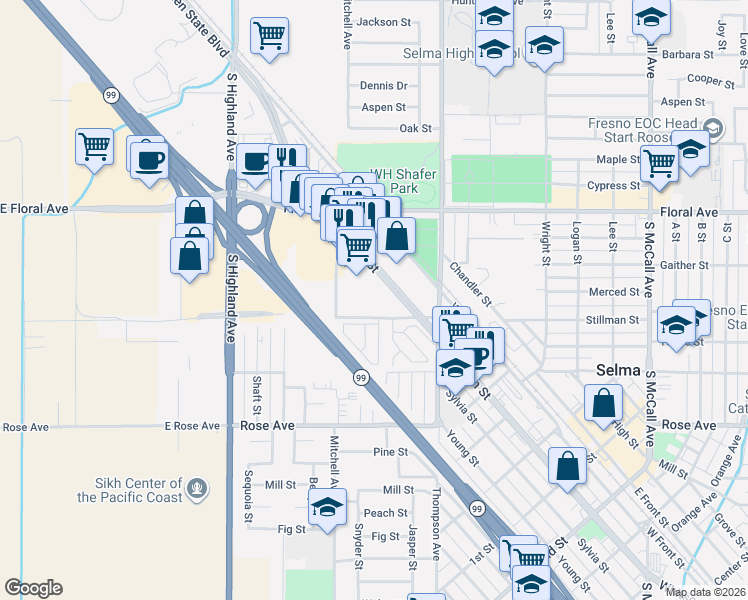 map of restaurants, bars, coffee shops, grocery stores, and more near 2651 Whitson Street in Selma