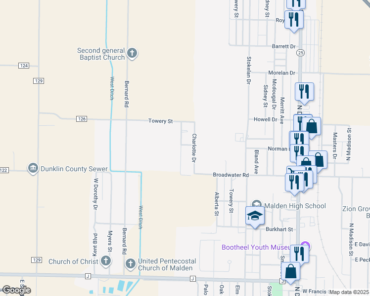 map of restaurants, bars, coffee shops, grocery stores, and more near 1112 Benton Street in Malden