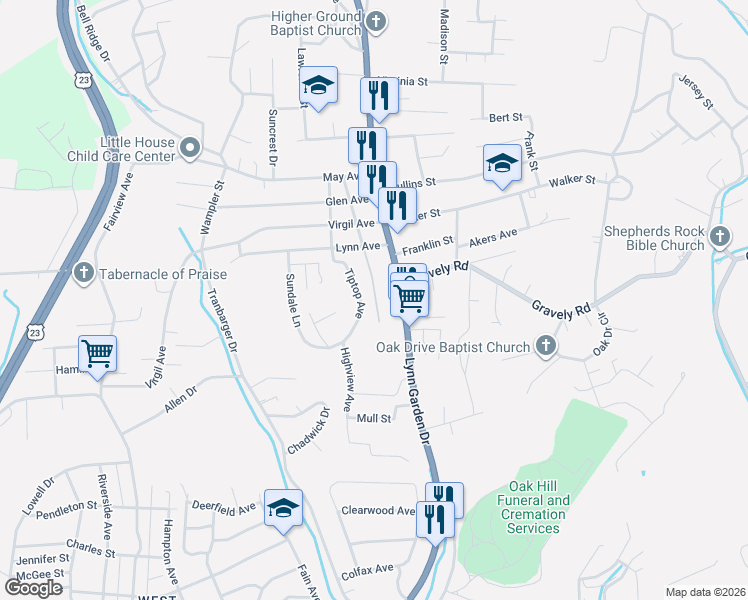 map of restaurants, bars, coffee shops, grocery stores, and more near 1036 Fairway Avenue in Kingsport