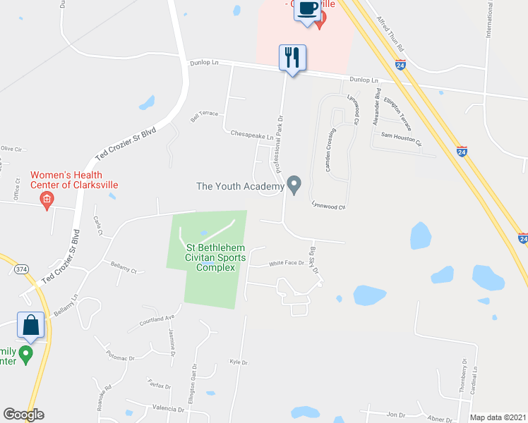 map of restaurants, bars, coffee shops, grocery stores, and more near 645 Stowe Court in Clarksville