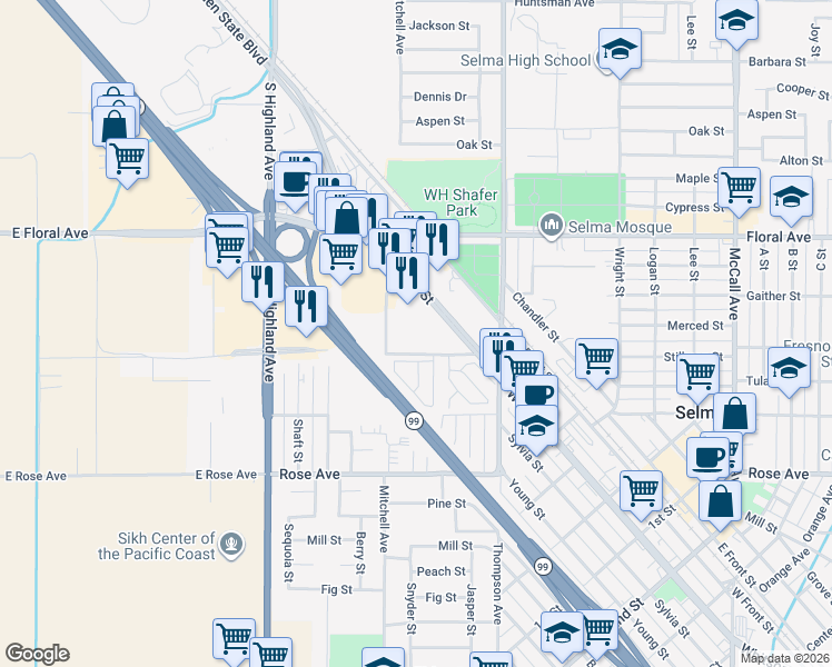map of restaurants, bars, coffee shops, grocery stores, and more near 2651 Whitson Street in Selma