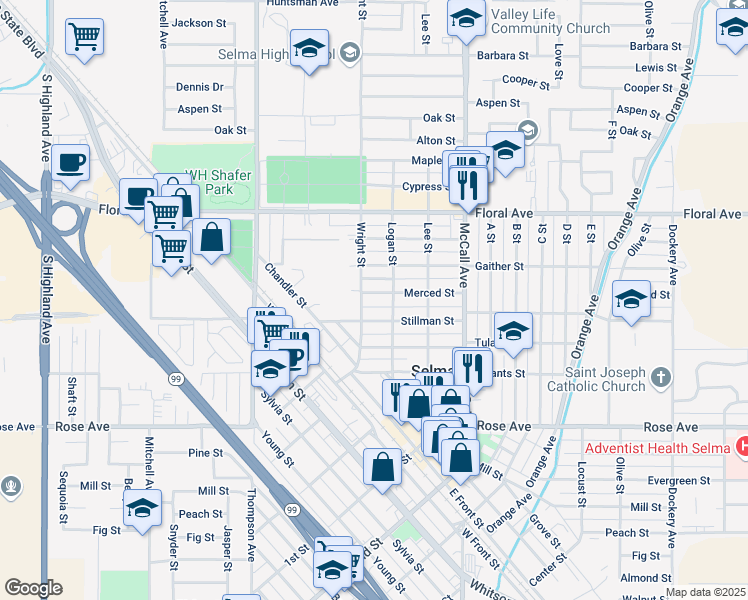 map of restaurants, bars, coffee shops, grocery stores, and more near 2229 Merced Street in Selma