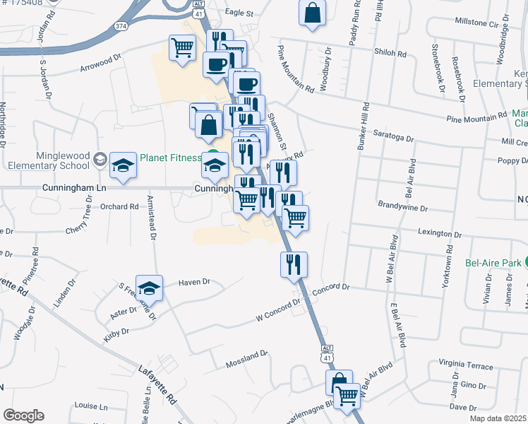 map of restaurants, bars, coffee shops, grocery stores, and more near 1598 Fort Campbell Boulevard in Clarksville