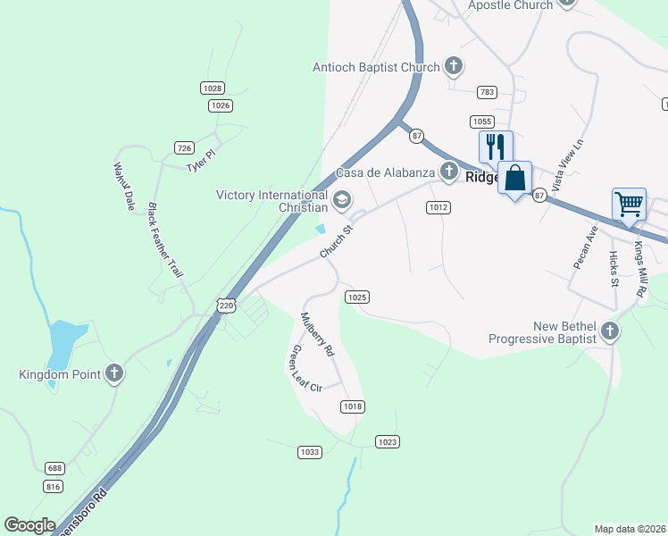 map of restaurants, bars, coffee shops, grocery stores, and more near County Road 1018 in Ridgeway