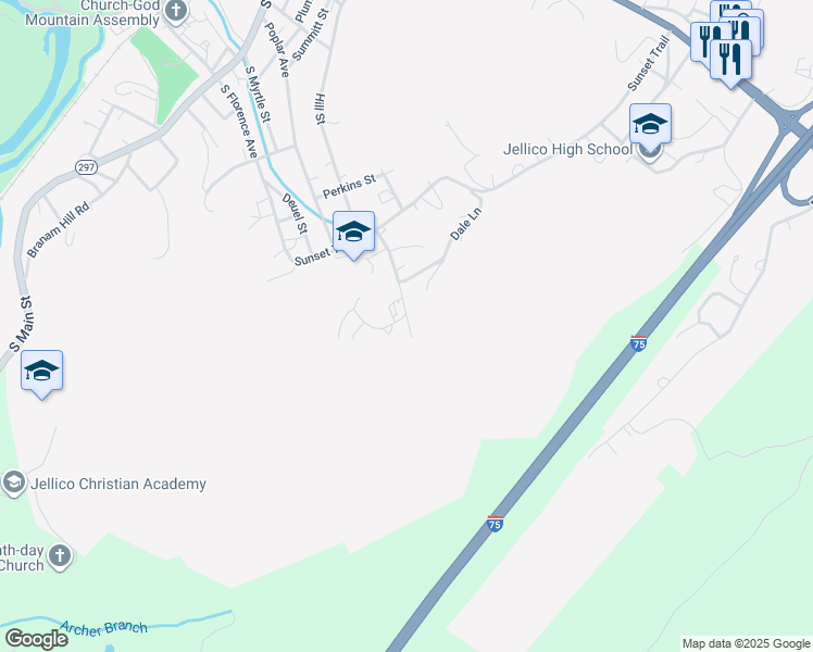 map of restaurants, bars, coffee shops, grocery stores, and more near 205 Hospital Lane in Jellico