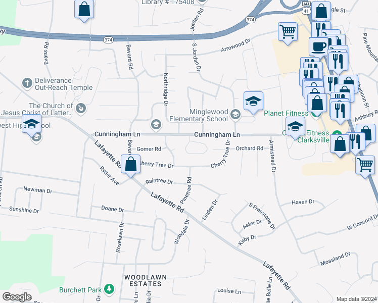 map of restaurants, bars, coffee shops, grocery stores, and more near 116 Cunningham Place in Clarksville