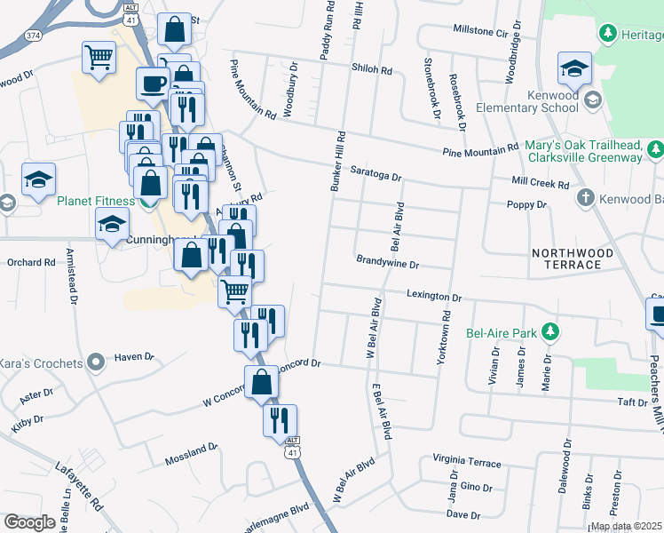 map of restaurants, bars, coffee shops, grocery stores, and more near 3 Lexington Drive in Clarksville