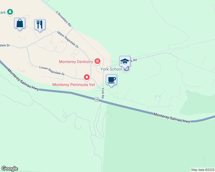 map of restaurants, bars, coffee shops, grocery stores, and more near 9601 Blue Larkspur Lane in Monterey