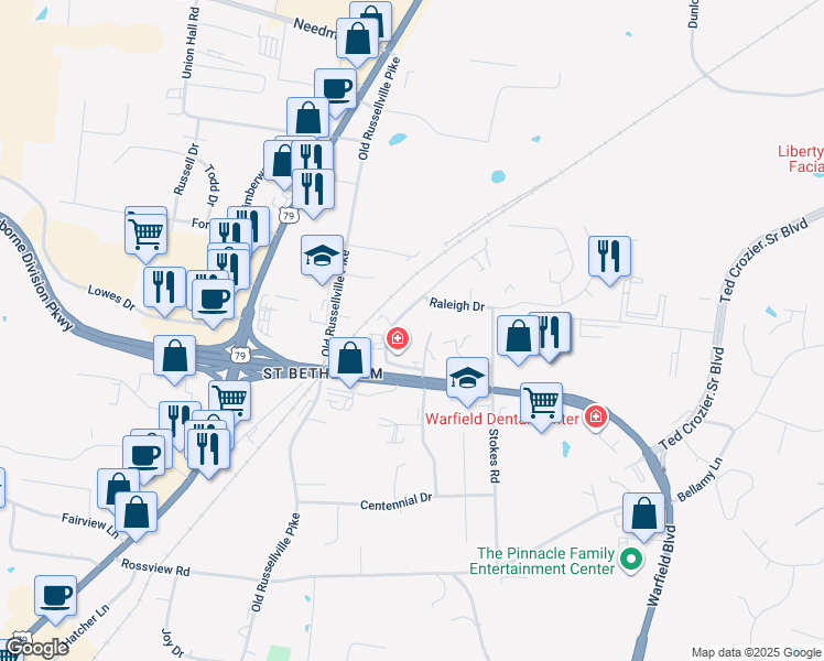 map of restaurants, bars, coffee shops, grocery stores, and more near 2291 Raleigh Court in Clarksville