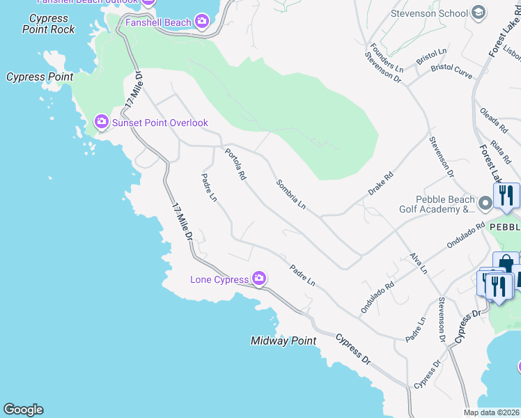 map of restaurants, bars, coffee shops, grocery stores, and more near 1236 Portola Road in Del Monte Forest