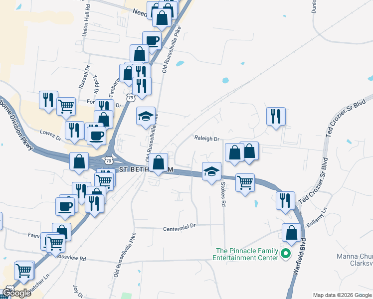 map of restaurants, bars, coffee shops, grocery stores, and more near 2291 Raleigh Court in Clarksville