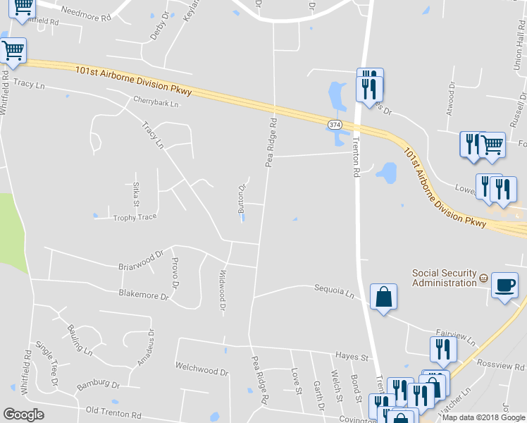 map of restaurants, bars, coffee shops, grocery stores, and more near 2443 Pea Ridge Road in Clarksville