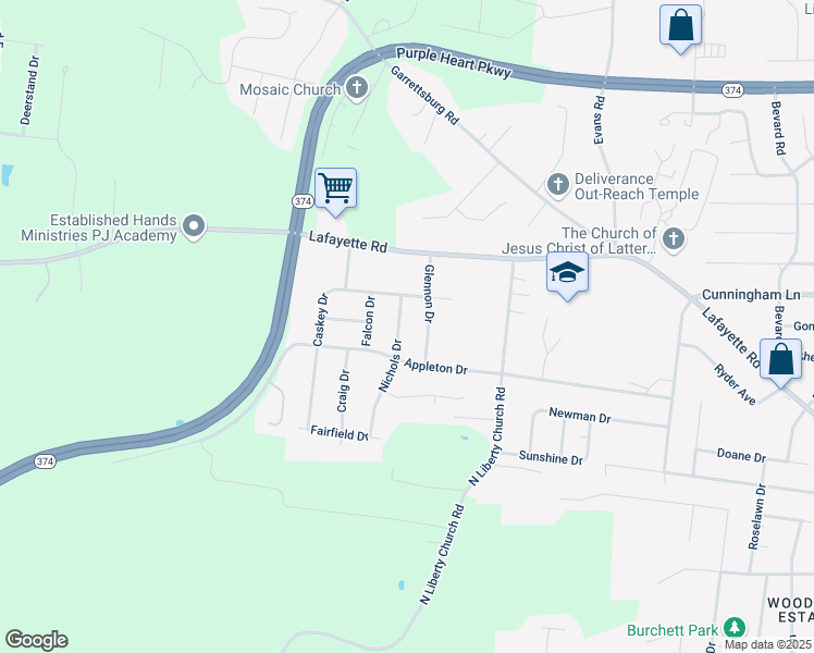 map of restaurants, bars, coffee shops, grocery stores, and more near 1503 Nichols Drive in Clarksville