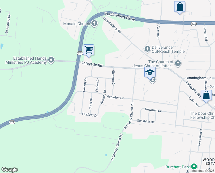 map of restaurants, bars, coffee shops, grocery stores, and more near 1507 Nichols Drive in Clarksville