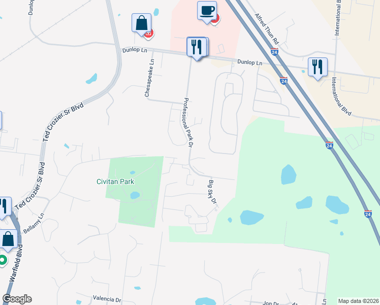map of restaurants, bars, coffee shops, grocery stores, and more near 871 Professional Park Drive in Clarksville
