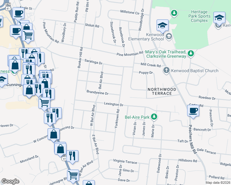 map of restaurants, bars, coffee shops, grocery stores, and more near 132 Brandywine Drive in Clarksville