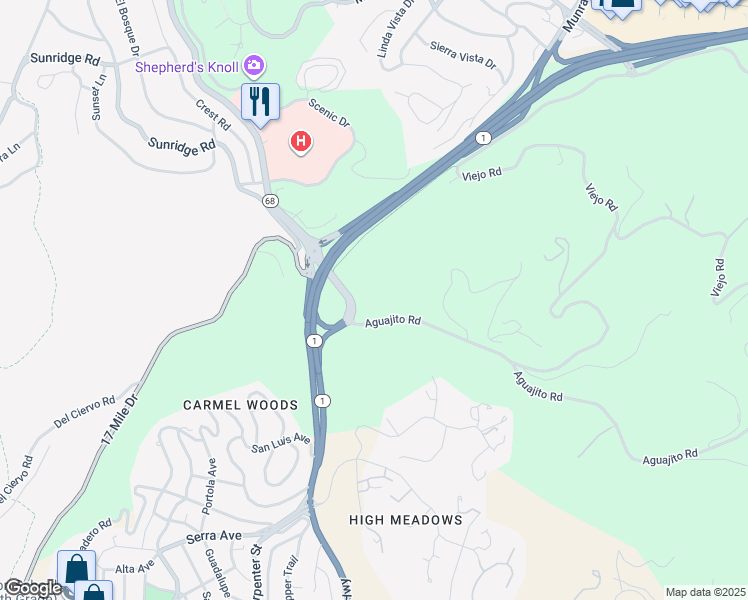 map of restaurants, bars, coffee shops, grocery stores, and more near 490 Aguajito Road in Carmel-by-the-Sea