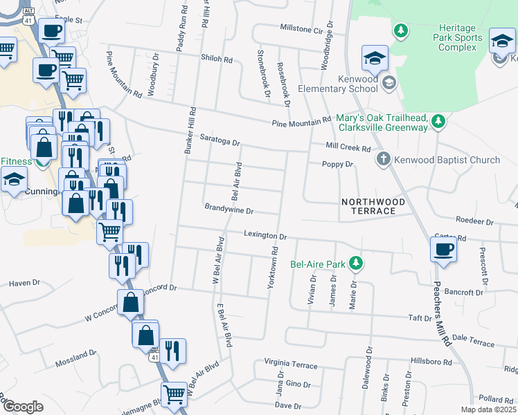 map of restaurants, bars, coffee shops, grocery stores, and more near 127 Brandywine Drive in Clarksville