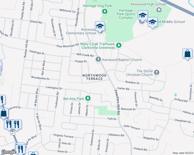 map of restaurants, bars, coffee shops, grocery stores, and more near 236 Marshall Drive in Clarksville