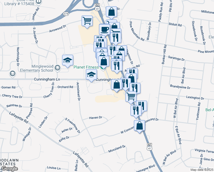 map of restaurants, bars, coffee shops, grocery stores, and more near 103 Northway Drive in Clarksville