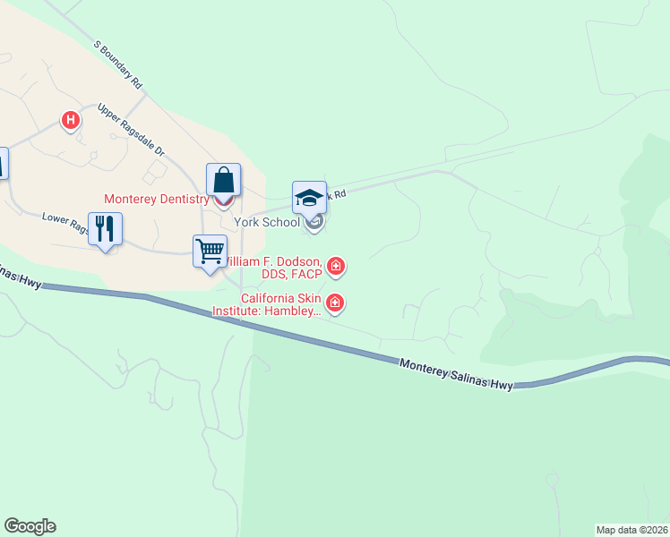 map of restaurants, bars, coffee shops, grocery stores, and more near 24551 Silver Cloud Court in Monterey