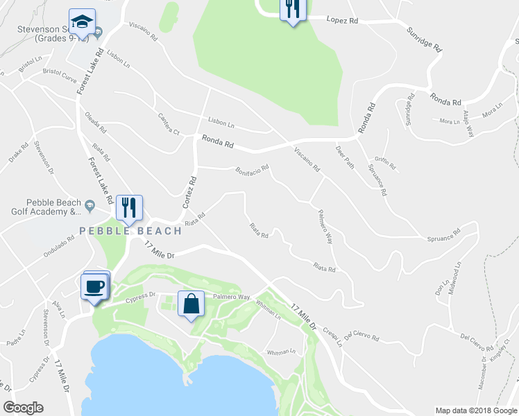 map of restaurants, bars, coffee shops, grocery stores, and more near 1531 Riata Road in Del Monte Forest