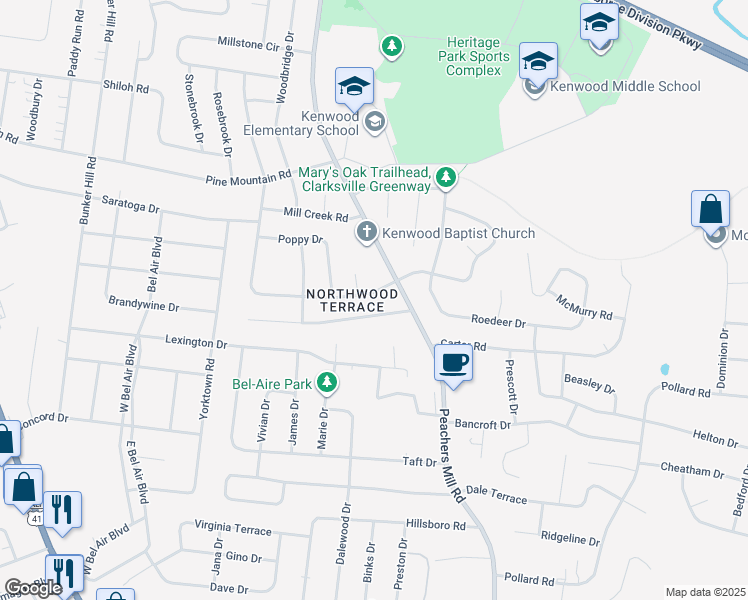 map of restaurants, bars, coffee shops, grocery stores, and more near 244 Marshall Drive in Clarksville