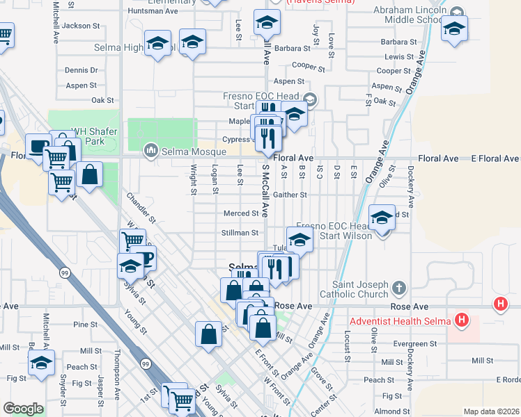 map of restaurants, bars, coffee shops, grocery stores, and more near 2021 Merced Street in Selma