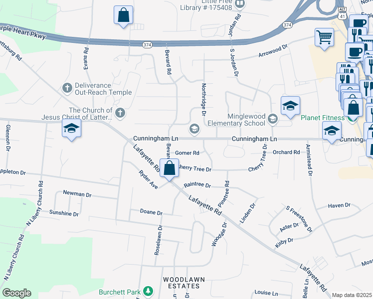 map of restaurants, bars, coffee shops, grocery stores, and more near 311 Gomer Road in Clarksville