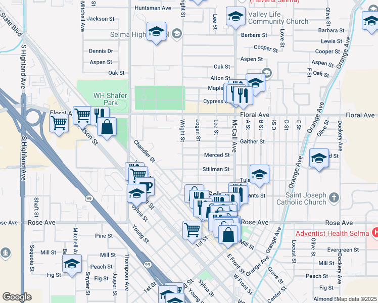 map of restaurants, bars, coffee shops, grocery stores, and more near 2229 Merced Street in Selma