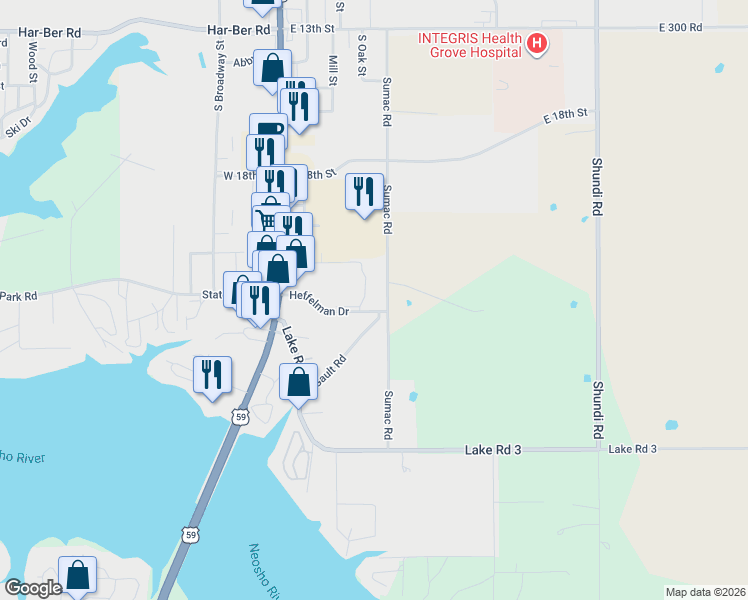 map of restaurants, bars, coffee shops, grocery stores, and more near 321 Gault Road in Grove