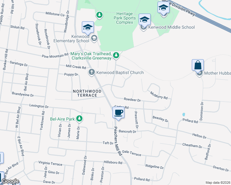 map of restaurants, bars, coffee shops, grocery stores, and more near 1010 Roedeer Drive in Clarksville