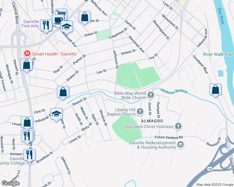 map of restaurants, bars, coffee shops, grocery stores, and more near Industrial Avenue in Danville