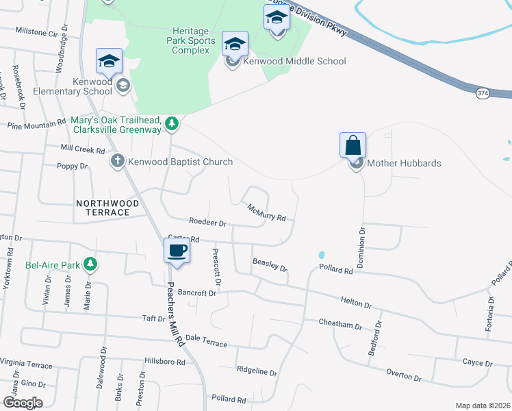 map of restaurants, bars, coffee shops, grocery stores, and more near 947 Roedeer Drive in Clarksville