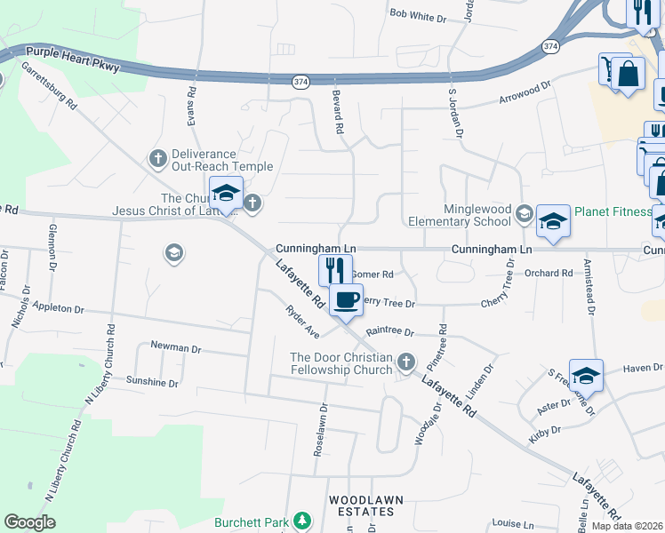 map of restaurants, bars, coffee shops, grocery stores, and more near in Clarksville