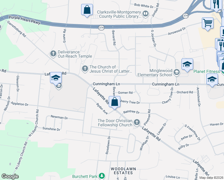 map of restaurants, bars, coffee shops, grocery stores, and more near in Clarksville