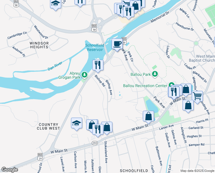 map of restaurants, bars, coffee shops, grocery stores, and more near 102 Bishop Avenue in Danville