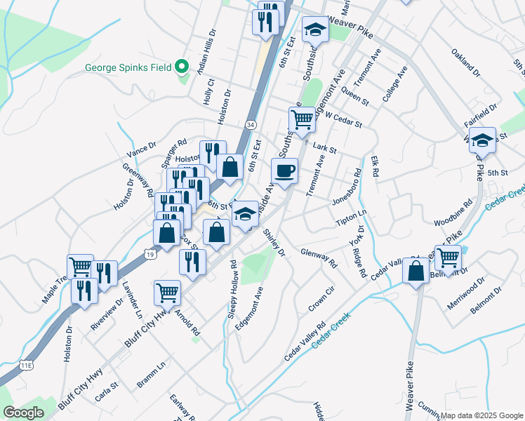 map of restaurants, bars, coffee shops, grocery stores, and more near 1908 Southside Ave in Bristol