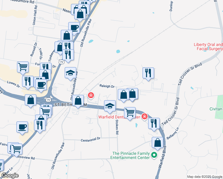 map of restaurants, bars, coffee shops, grocery stores, and more near 299 Raleigh Drive in Clarksville