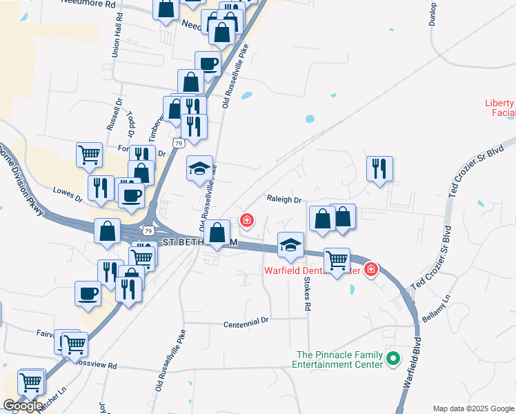 map of restaurants, bars, coffee shops, grocery stores, and more near 2304 Raleigh Court in Clarksville