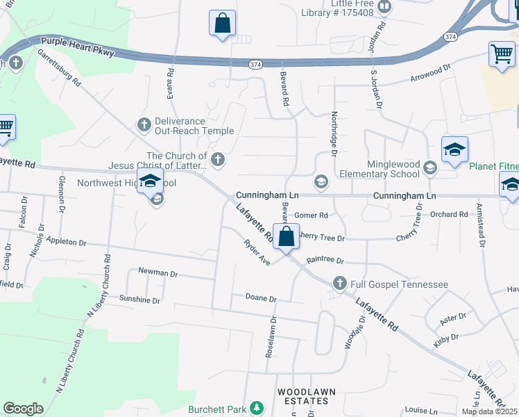 map of restaurants, bars, coffee shops, grocery stores, and more near 327 Cunningham Lane in Clarksville