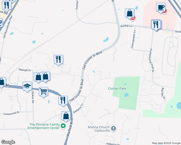 map of restaurants, bars, coffee shops, grocery stores, and more near 303 Carla Court in Clarksville