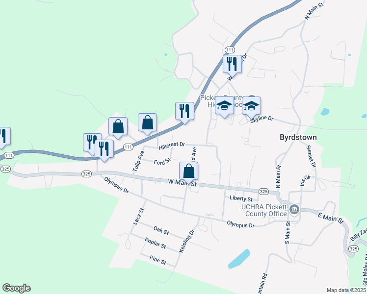 map of restaurants, bars, coffee shops, grocery stores, and more near 306 Hillcrest Drive in Byrdstown