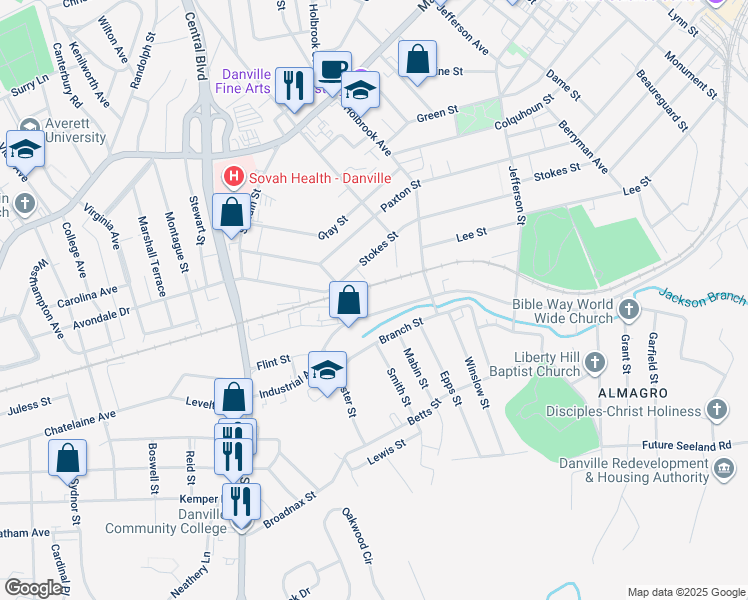 map of restaurants, bars, coffee shops, grocery stores, and more near 899 Dodd Street in Danville
