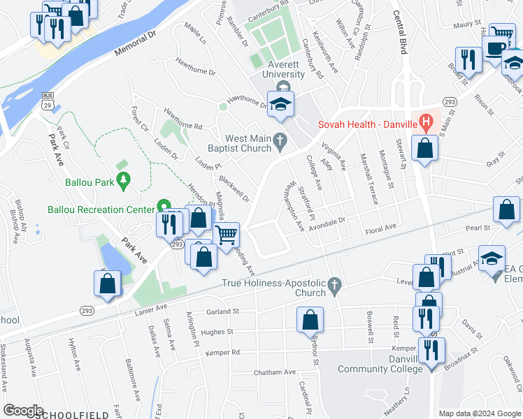 map of restaurants, bars, coffee shops, grocery stores, and more near 524 West Main Street in Danville